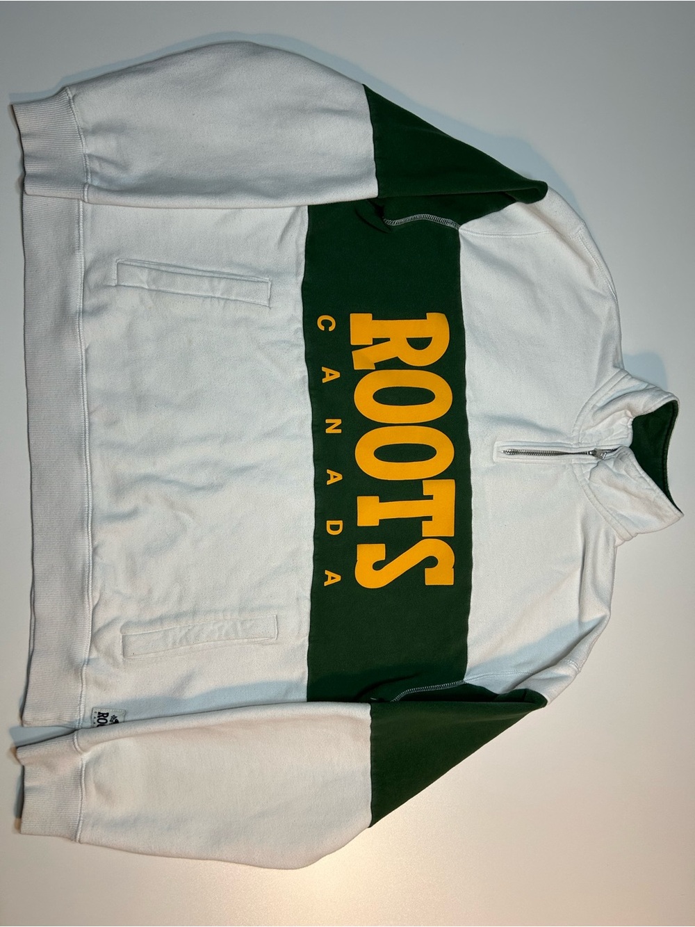 Roots Canada Retro Heritage Colorblock Quarter Zip Sweatshirt Green White M - Picture 1 of 9